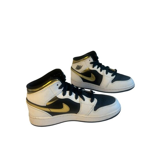 Nike Air Jordan 1 MID Shoes GS Sz 5Y WMNS Sz 6.5 White/Gold/Black 554725-190 - Picture 15 of 16